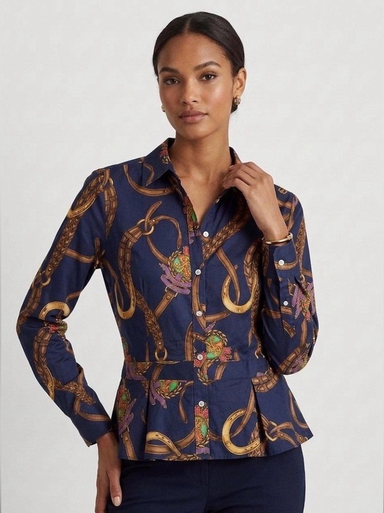 Lauren Ralph Lauren Tops - Lauren Ralph Lauren Navy Blue Equestrian Gold Chain Print Peplum Blouse Shirt